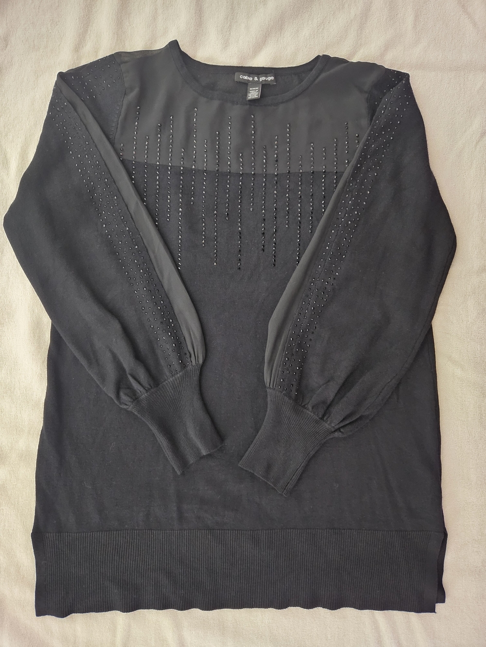 Cable & Gauge Black Beaded Sheer Illusion Bishop Sleeve Sweater M